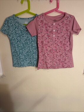 Girls' Pink  and Teal Floral Short-Sleeve Henley Top Bundle